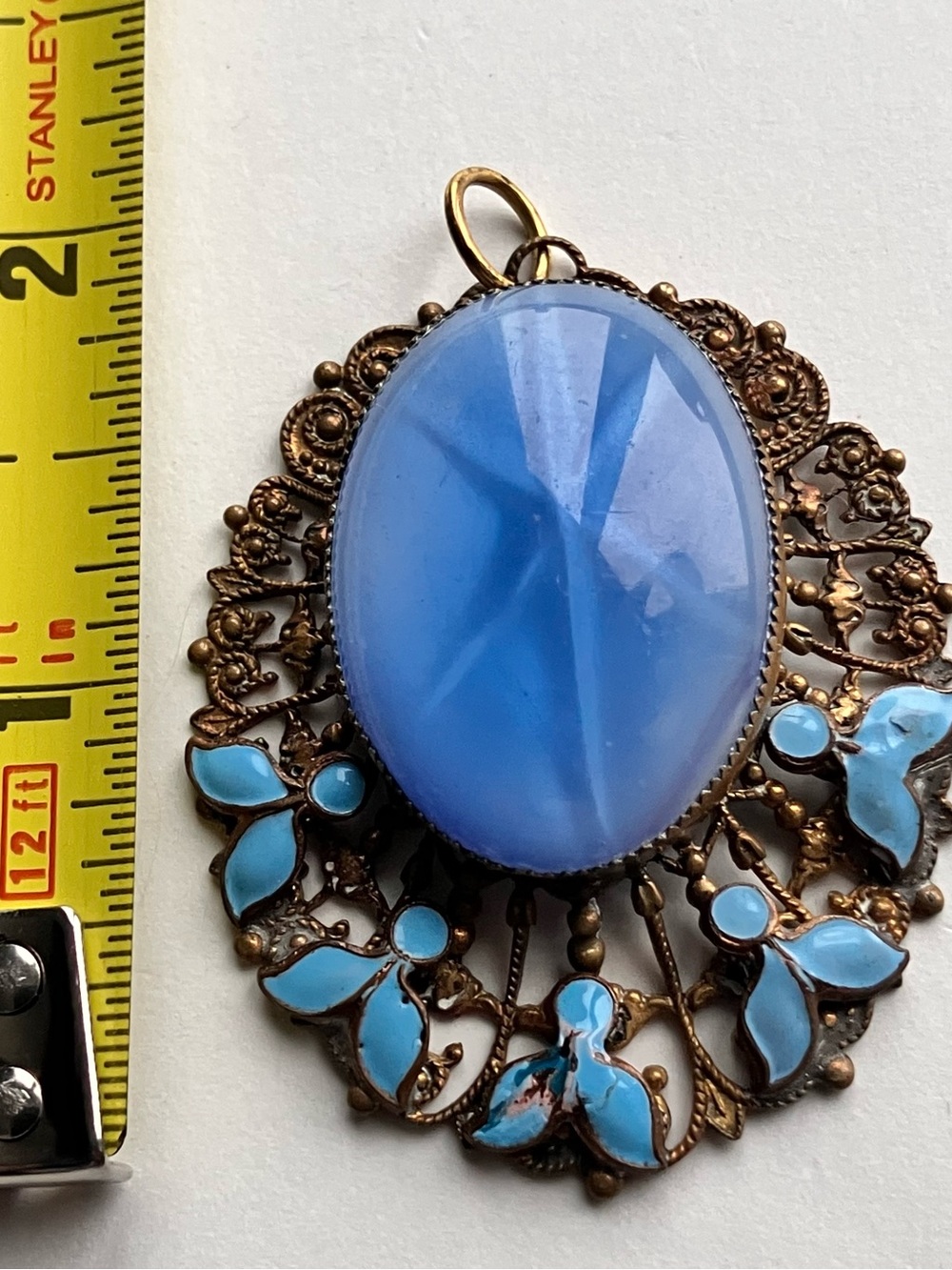 Striking Vintage 1930’s Deco Blue Glass Cabochon Enamel Filagree 2”  Big Pendant